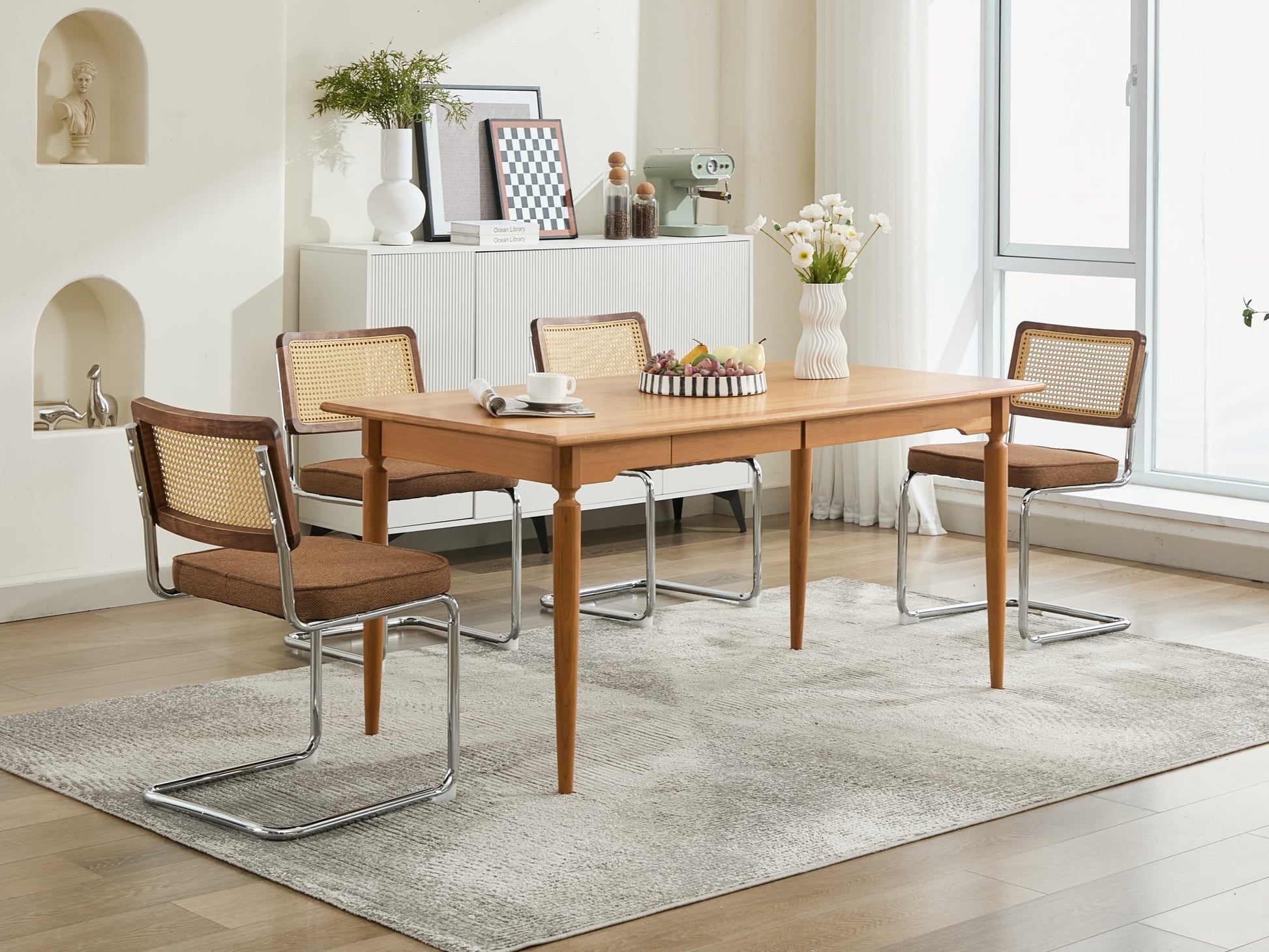 Mid Century Modern Dining Chairs Set of 2, Linen Accent Chairs with Natural Cane Back & Stainless Chrome Base, Famous Breuer Designed Chairs, Upholstered Rattan Kitchen Chairs,Coffee color,SW1851CF