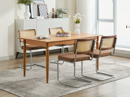 Mid Century Modern Dining Chairs Set of 2, Linen Accent Chairs with Natural Cane Back & Stainless Chrome Base, Famous Breuer Designed Chairs, Upholstered Rattan Kitchen Chairs,Coffee color,SW1851CF