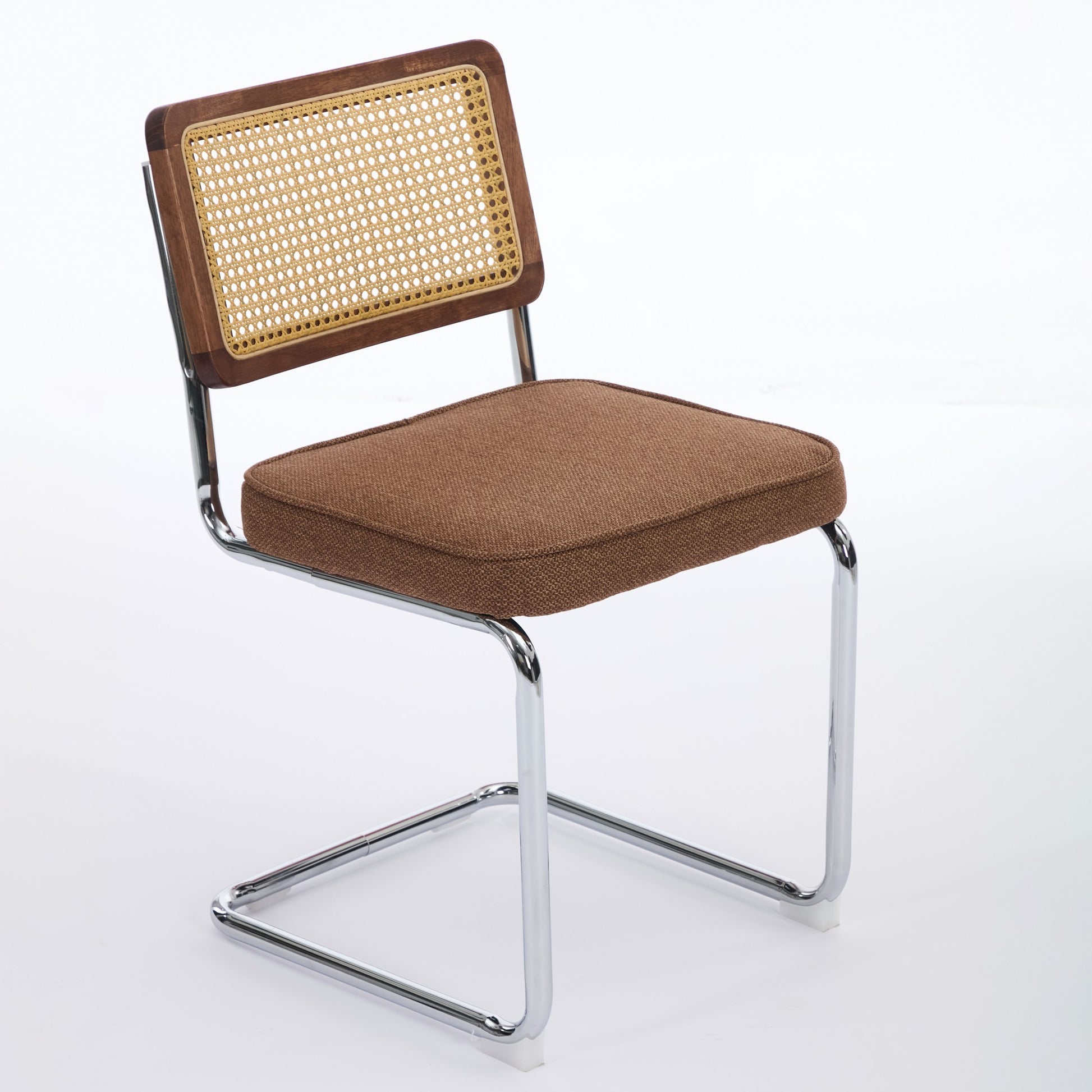 Mid Century Modern Dining Chairs Set of 2, Linen Accent Chairs with Natural Cane Back & Stainless Chrome Base, Famous Breuer Designed Chairs, Upholstered Rattan Kitchen Chairs,Coffee color,SW1851CF