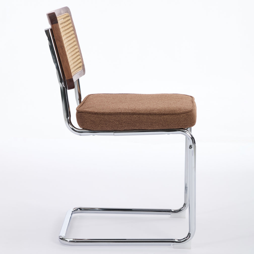 Mid Century Modern Dining Chairs Set of 2, Linen Accent Chairs with Natural Cane Back & Stainless Chrome Base, Famous Breuer Designed Chairs, Upholstered Rattan Kitchen Chairs,Coffee color,SW1851CF