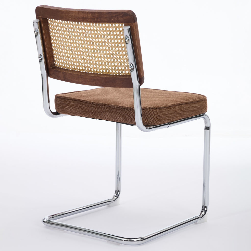 Mid Century Modern Dining Chairs Set of 2, Linen Accent Chairs with Natural Cane Back & Stainless Chrome Base, Famous Breuer Designed Chairs, Upholstered Rattan Kitchen Chairs,Coffee color,SW1851CF