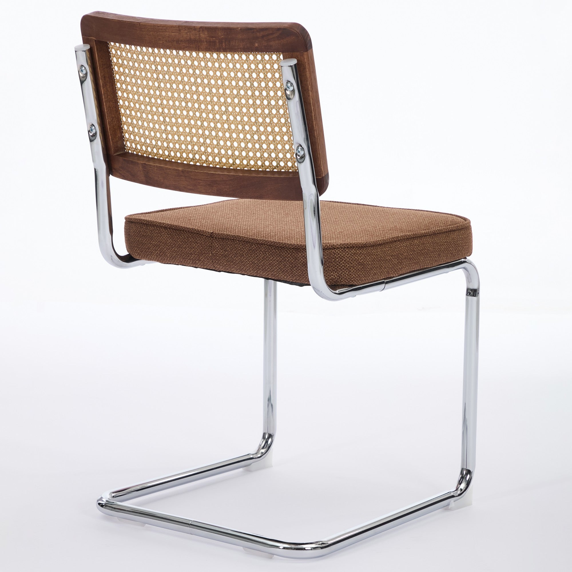 Mid Century Modern Dining Chairs Set of 2, Linen Accent Chairs with Natural Cane Back & Stainless Chrome Base, Famous Breuer Designed Chairs, Upholstered Rattan Kitchen Chairs,Coffee color,SW1851CF