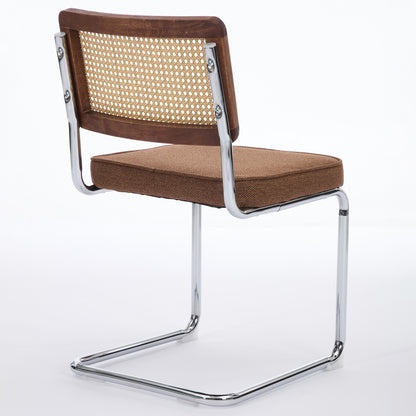 Mid Century Modern Dining Chairs Set of 2, Linen Accent Chairs with Natural Cane Back & Stainless Chrome Base, Famous Breuer Designed Chairs, Upholstered Rattan Kitchen Chairs,Coffee color,SW1851CF
