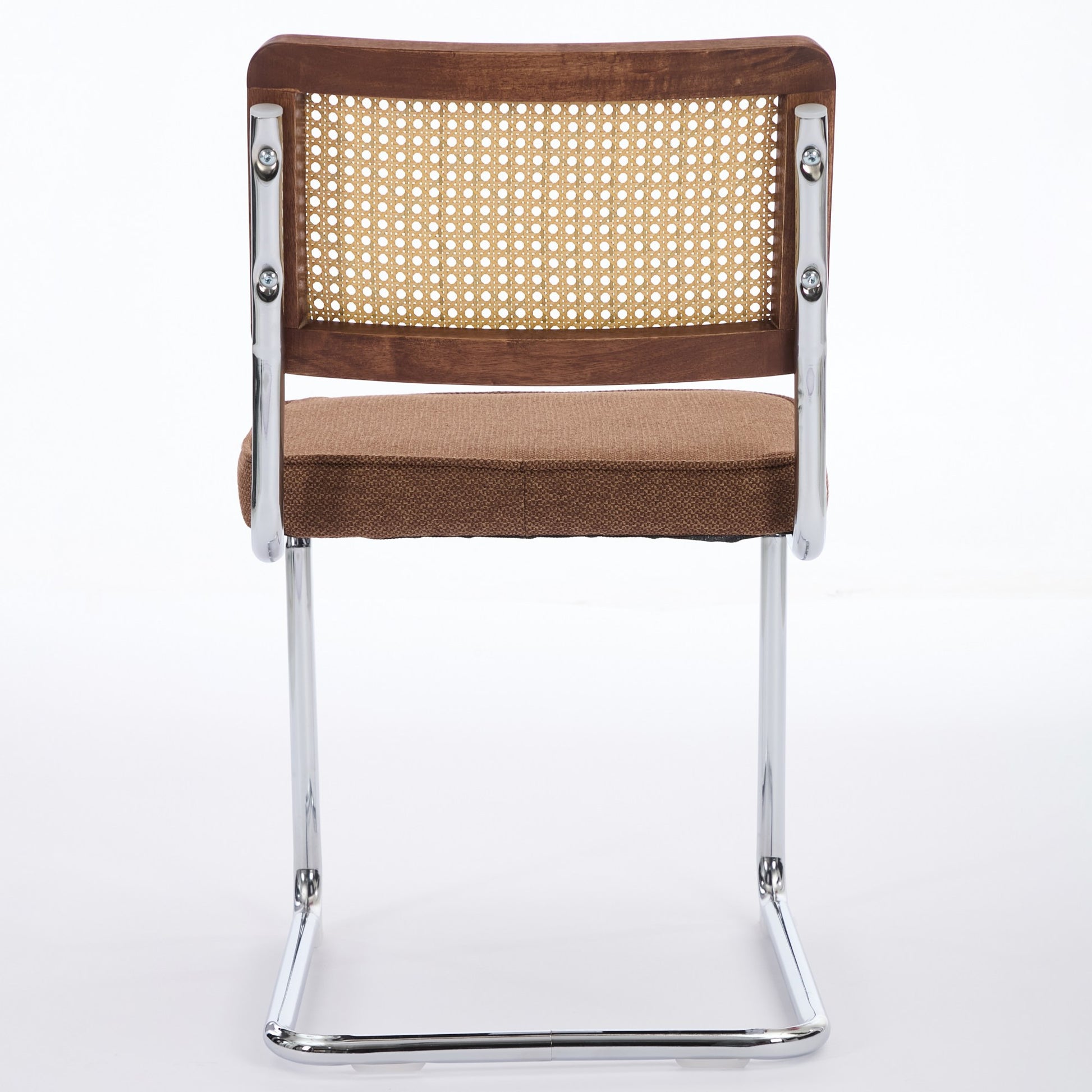 Mid Century Modern Dining Chairs Set of 2, Linen Accent Chairs with Natural Cane Back & Stainless Chrome Base, Famous Breuer Designed Chairs, Upholstered Rattan Kitchen Chairs,Coffee color,SW1851CF