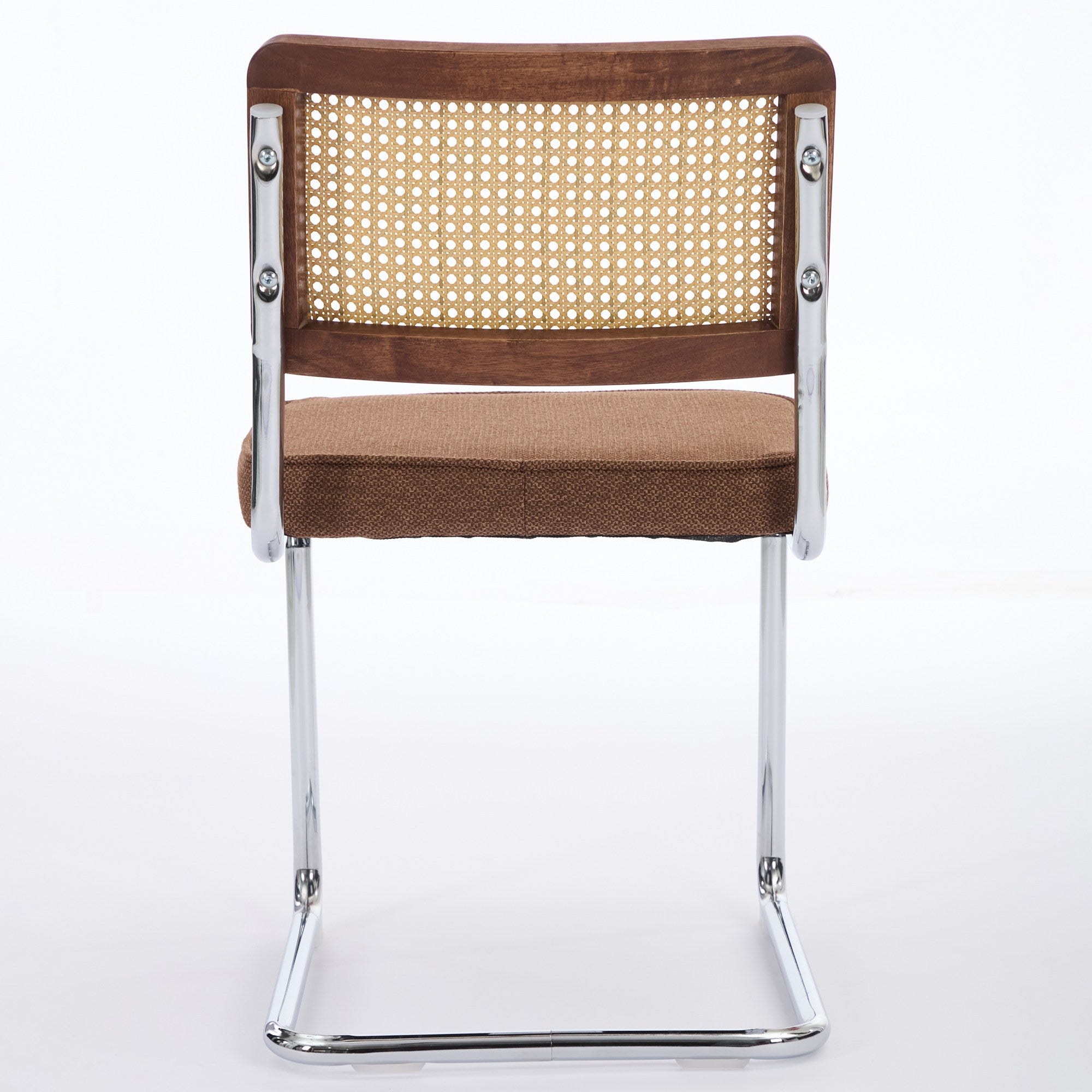 Mid Century Modern Dining Chairs Set of 2, Linen Accent Chairs with Natural Cane Back & Stainless Chrome Base, Famous Breuer Designed Chairs, Upholstered Rattan Kitchen Chairs,Coffee color,SW1851CF