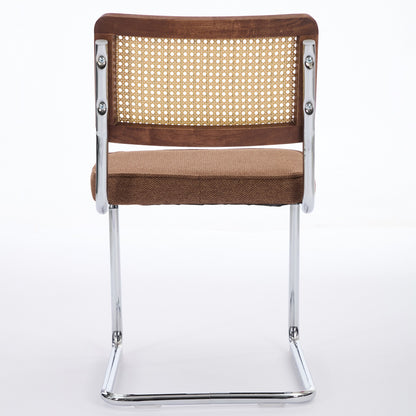 Mid Century Modern Dining Chairs Set of 2, Linen Accent Chairs with Natural Cane Back & Stainless Chrome Base, Famous Breuer Designed Chairs, Upholstered Rattan Kitchen Chairs,Coffee color,SW1851CF