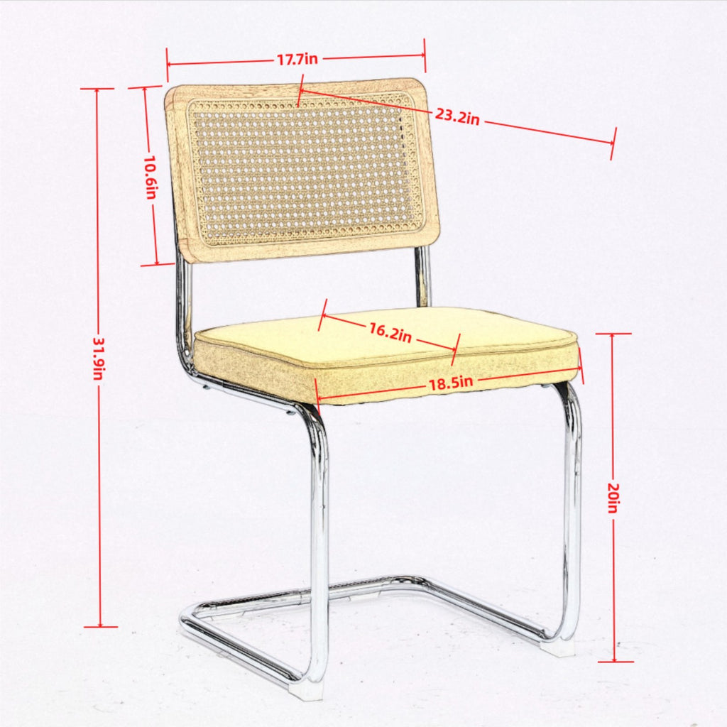 Mid Century Modern Dining Chairs Set of 2, Linen Accent Chairs with Natural Cane Back & Stainless Chrome Base, Famous Breuer Designed Chairs, Upholstered Rattan Kitchen Chairs,Coffee color,SW1851CF