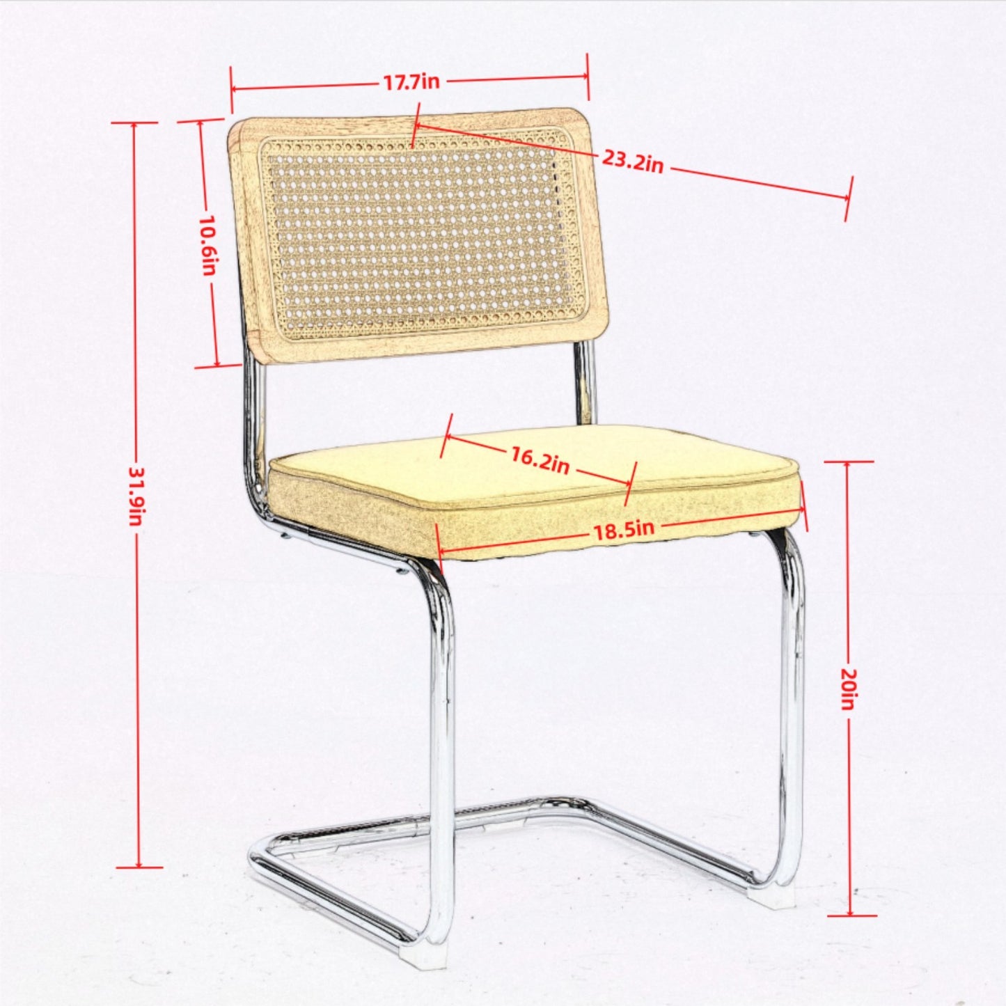 Mid Century Modern Dining Chairs Set of 2, Linen Accent Chairs with Natural Cane Back & Stainless Chrome Base, Famous Breuer Designed Chairs, Upholstered Rattan Kitchen Chairs,Coffee color,SW1851CF