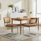 Mid Century Modern Dining Chairs Set of 2, Linen Accent Chairs with Natural Cane Back & Stainless Chrome Base, Famous Breuer Designed Chairs, Upholstered Rattan Kitchen Chairs,Coffee color,SW1851CF