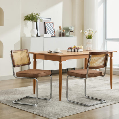 Mid Century Modern Dining Chairs Set of 2, Linen Accent Chairs with Natural Cane Back & Stainless Chrome Base, Famous Breuer Designed Chairs, Upholstered Rattan Kitchen Chairs,Coffee color,SW1851CF