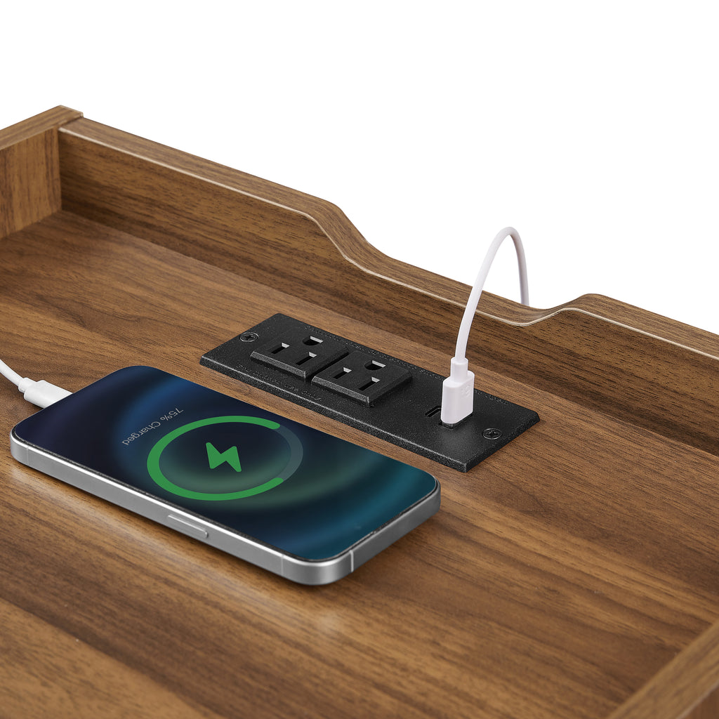 Mid Century Modern Nightstand with Charging Station and LED lights, Night Stand with 2 Drawers, Bedside Tables/End Table for Bedroom or Living Room, Brown Nightstands