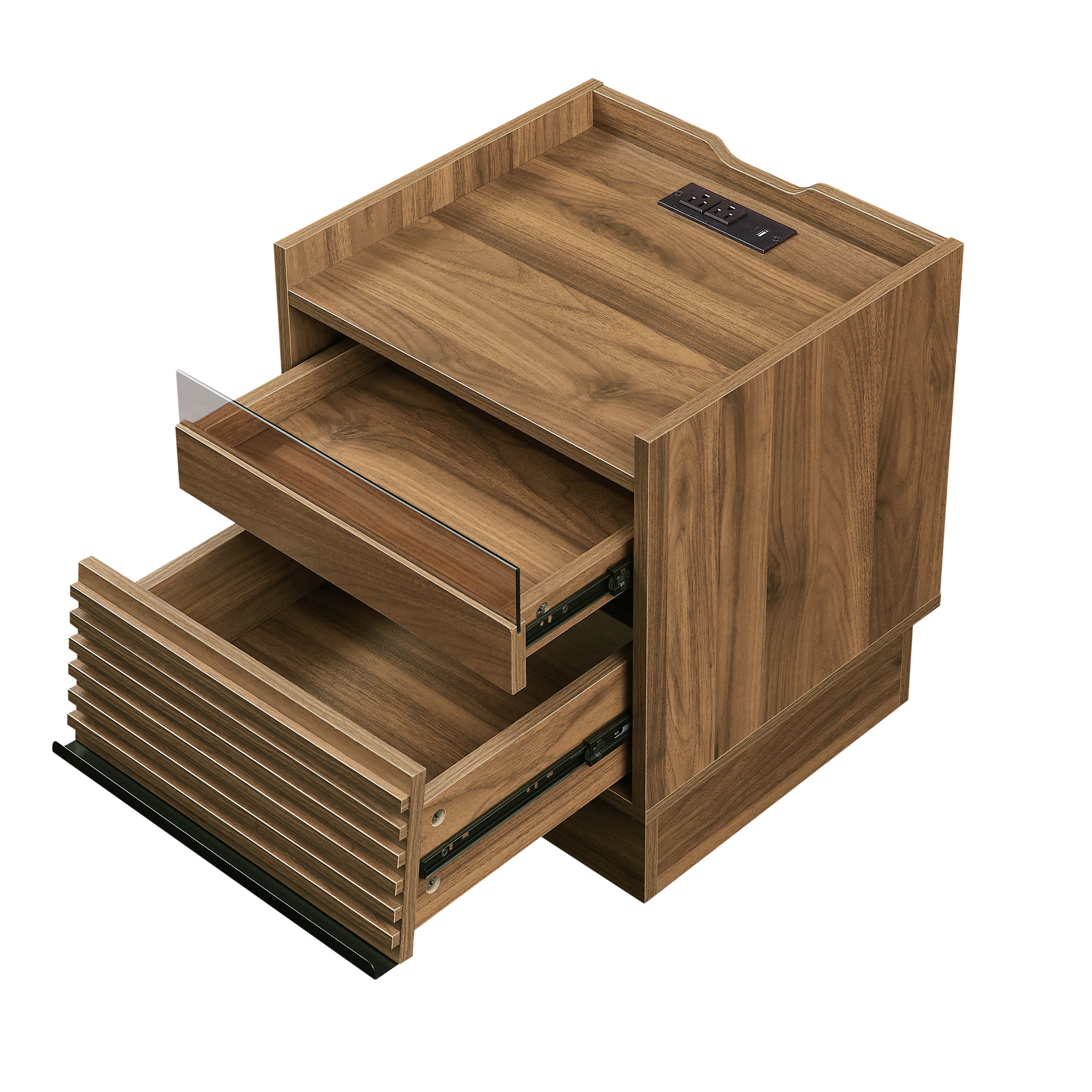 Mid Century Modern Nightstand with Charging Station and LED lights, Night Stand with 2 Drawers, Bedside Tables/End Table for Bedroom or Living Room, Brown Nightstands