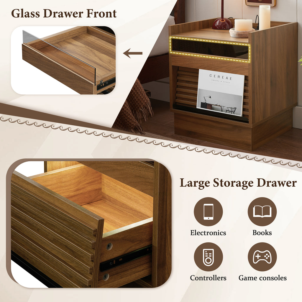 Mid Century Modern Nightstand with Charging Station and LED lights, Night Stand with 2 Drawers, Bedside Tables/End Table for Bedroom or Living Room, Brown Nightstands