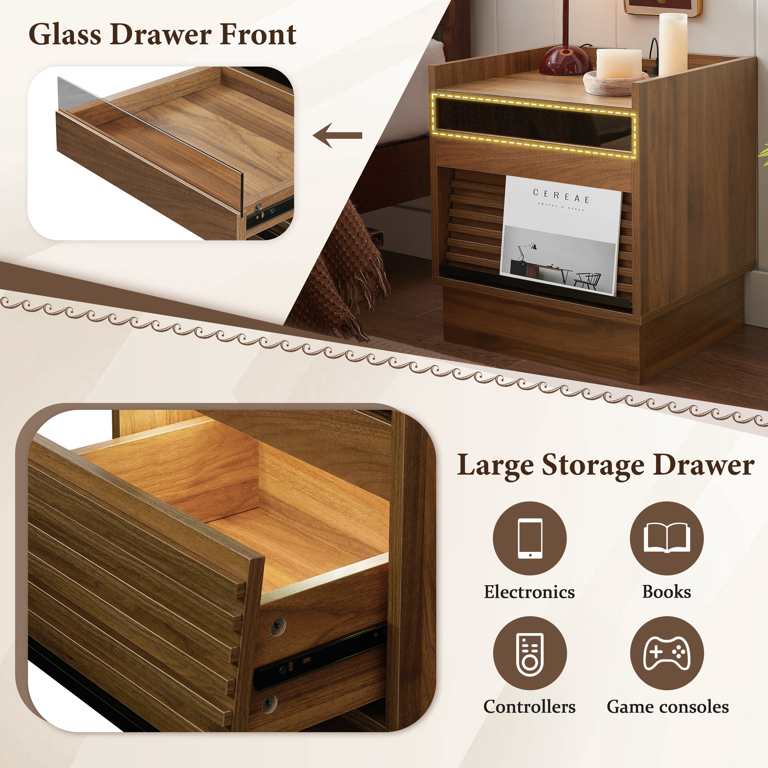 Mid Century Modern Nightstand with Charging Station and LED lights, Night Stand with 2 Drawers, Bedside Tables/End Table for Bedroom or Living Room, Brown Nightstands