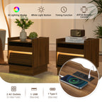 Mid Century Modern Nightstand with Charging Station and LED lights, Night Stand with 2 Drawers, Bedside Tables/End Table for Bedroom or Living Room, Brown Nightstands