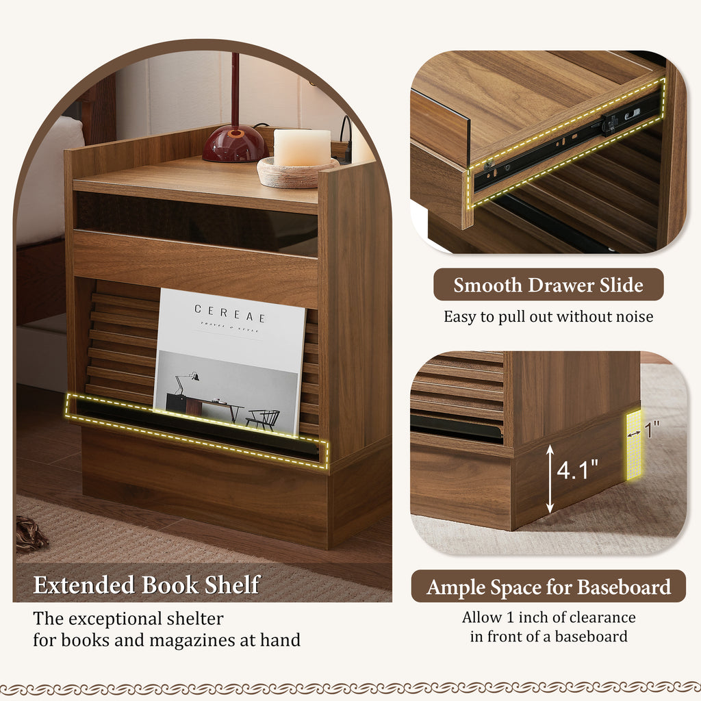 Mid Century Modern Nightstand with Charging Station and LED lights, Night Stand with 2 Drawers, Bedside Tables/End Table for Bedroom or Living Room, Brown Nightstands
