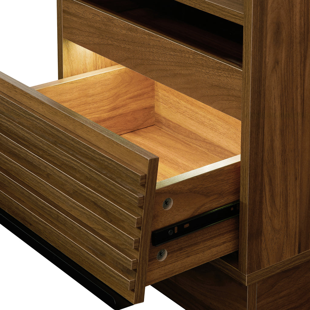 Mid Century Modern Nightstand with Charging Station and LED lights, Night Stand with 2 Drawers, Bedside Tables/End Table for Bedroom or Living Room, Brown Nightstands