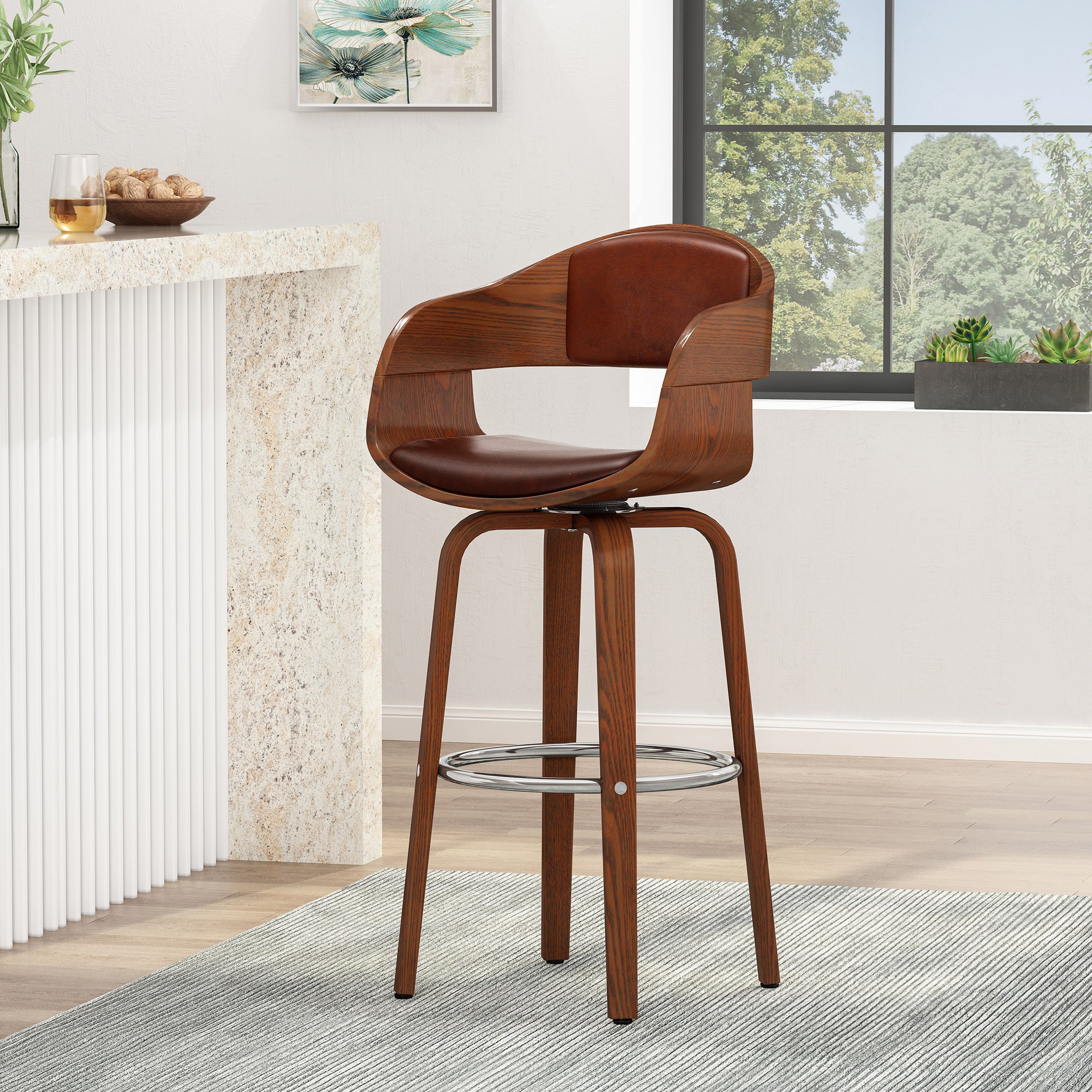 Mid-Century Modern Bar Stool, Brown, Swivel Function, 19.5' (L) x 18.5' (W) x 41.75' (H)