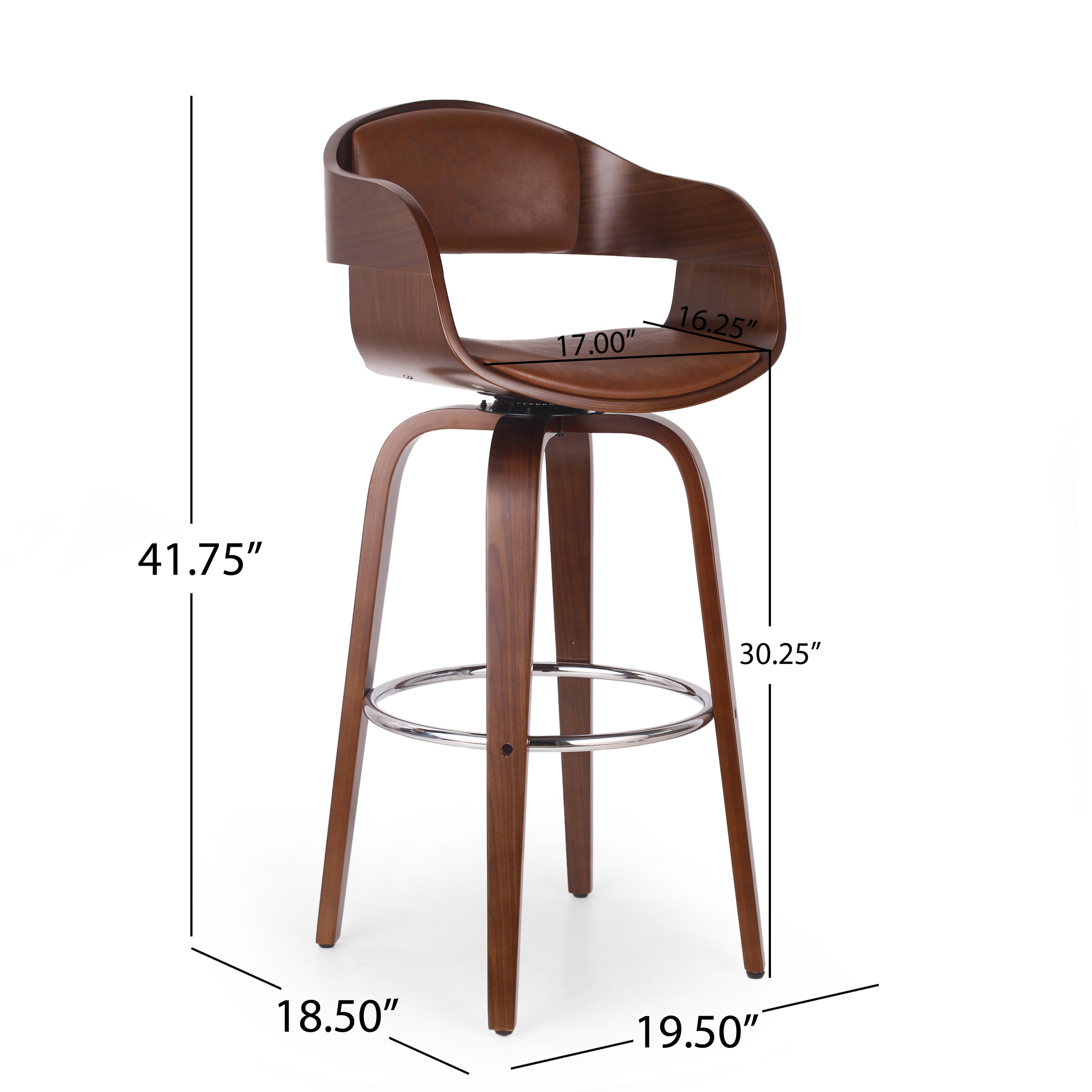 Mid-Century Modern Bar Stool, Brown, Swivel Function, 19.5' (L) x 18.5' (W) x 41.75' (H)