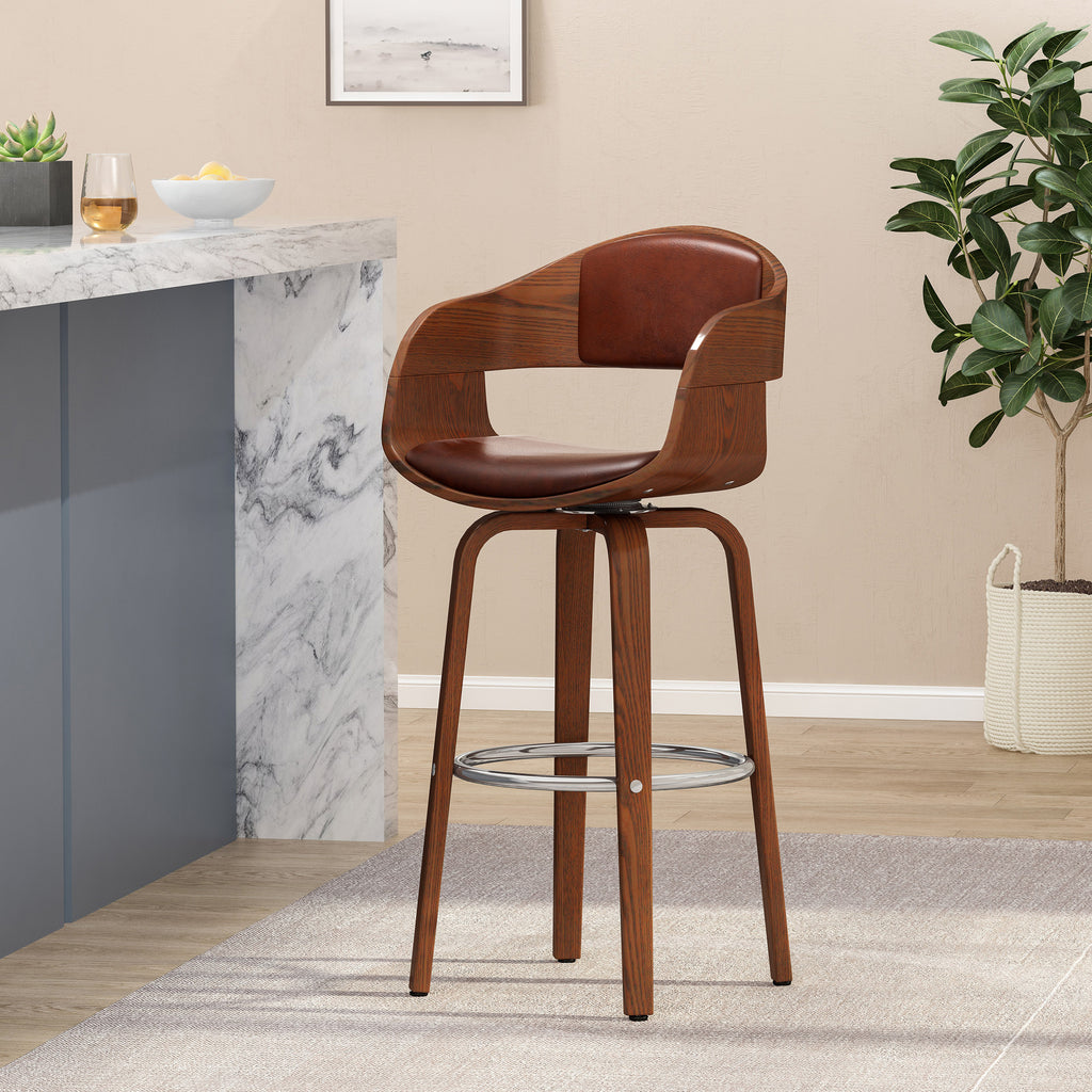 Mid-Century Modern Bar Stool, Brown, Swivel Function, 19.5' (L) x 18.5' (W) x 41.75' (H)