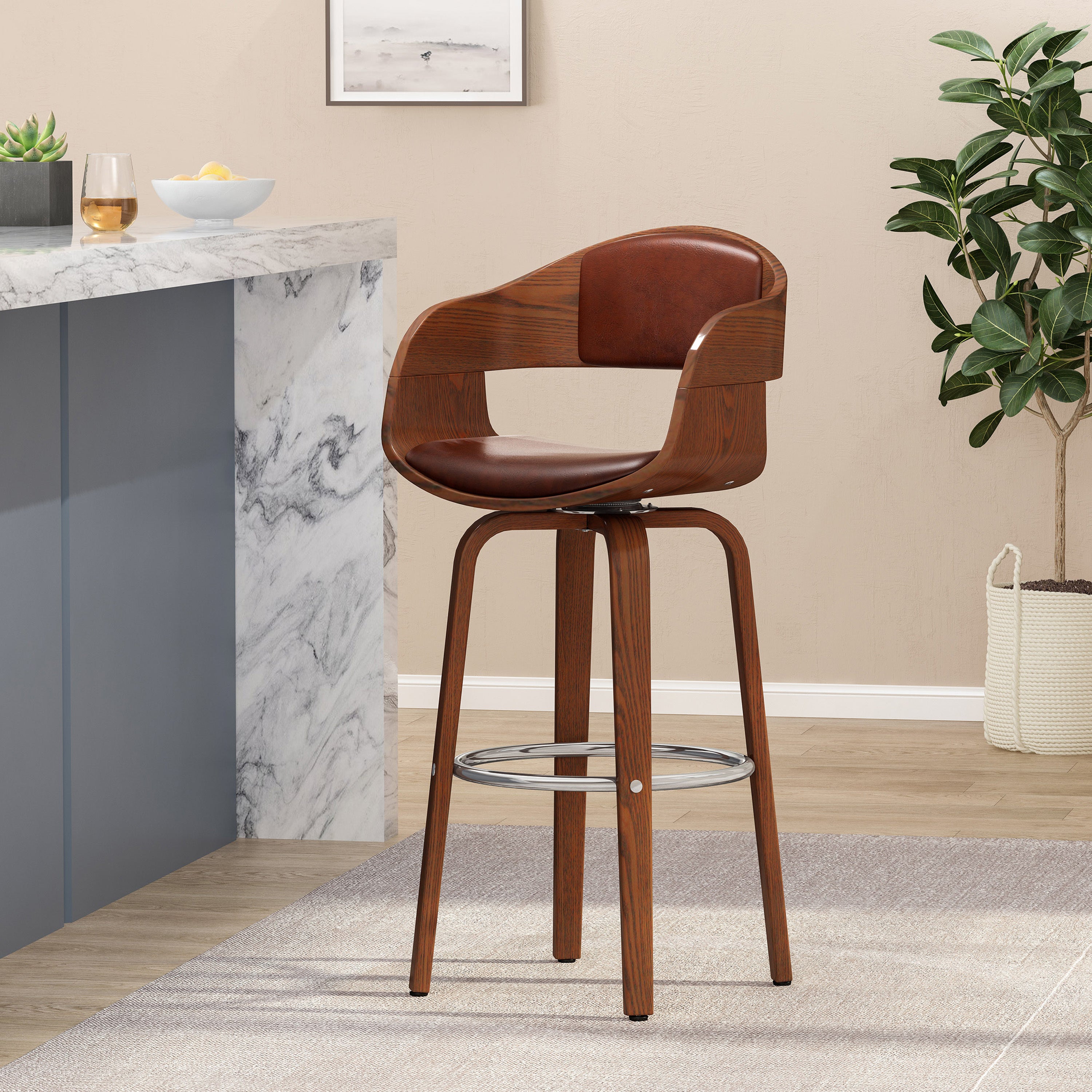 Mid-Century Modern Bar Stool, Brown, Swivel Function, 19.5' (L) x 18.5' (W) x 41.75' (H)