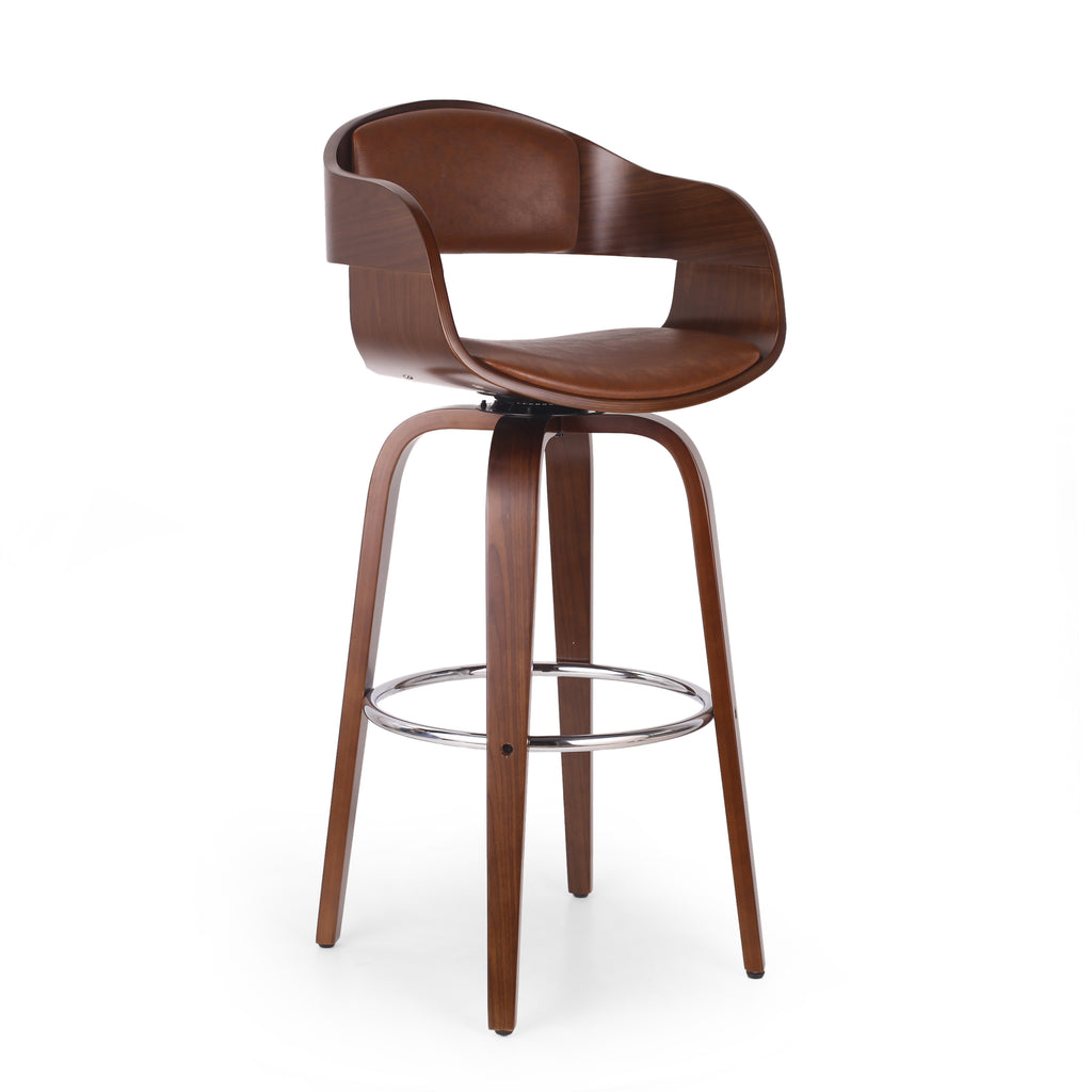 Mid-Century Modern Bar Stool, Brown, Swivel Function, 19.5' (L) x 18.5' (W) x 41.75' (H)