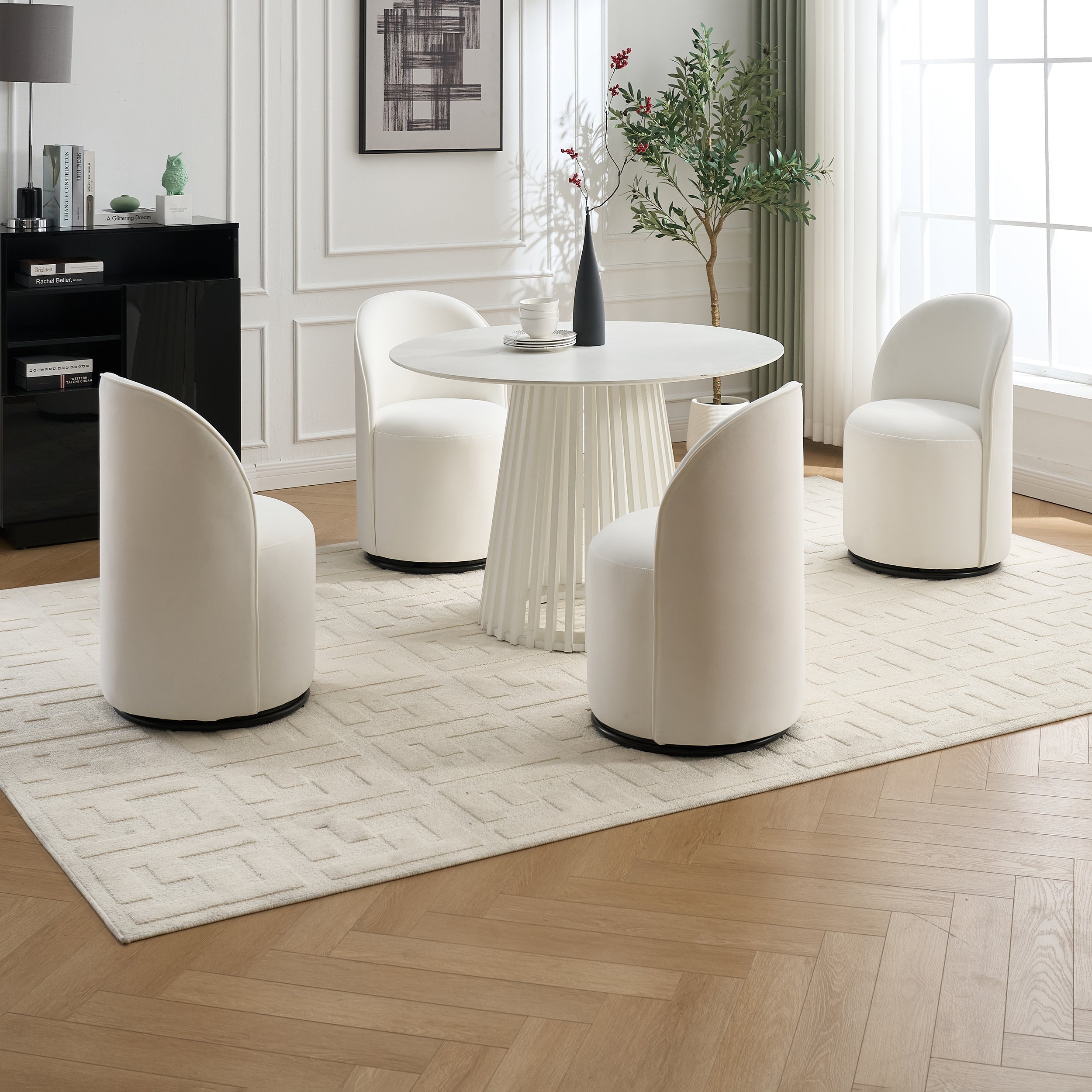 Set Of 1 Upholstered Kitchen & Dining Room Barrel Chair, Mid Century Modern Round Velvet Dining Chair, 360 Degree Swivel Comfy Armless Accent Makeup Vanity Side Chair for Bedroom Living Room