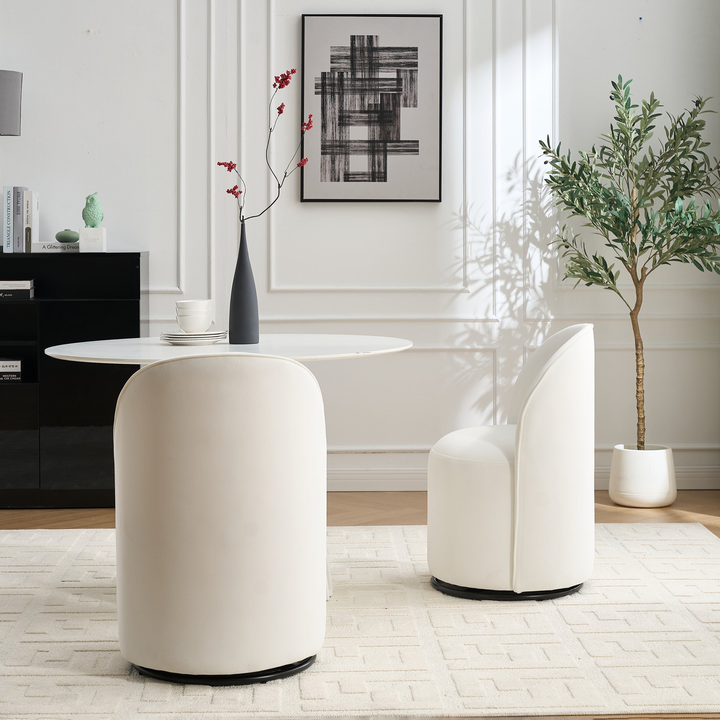 Set Of 1 Upholstered Kitchen & Dining Room Barrel Chair, Mid Century Modern Round Velvet Dining Chair, 360 Degree Swivel Comfy Armless Accent Makeup Vanity Side Chair for Bedroom Living Room