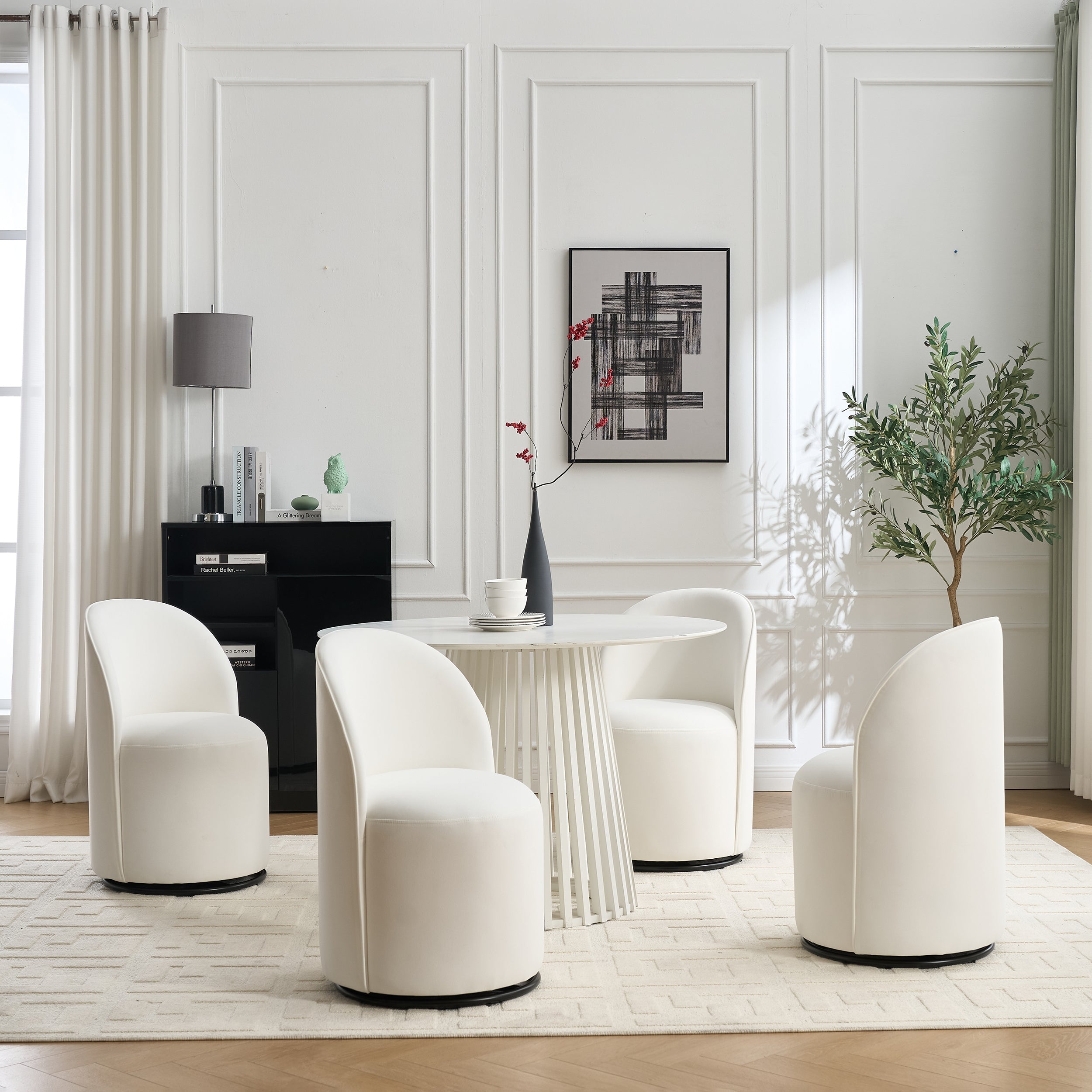 Set Of 1 Upholstered Kitchen & Dining Room Barrel Chair, Mid Century Modern Round Velvet Dining Chair, 360 Degree Swivel Comfy Armless Accent Makeup Vanity Side Chair for Bedroom Living Room