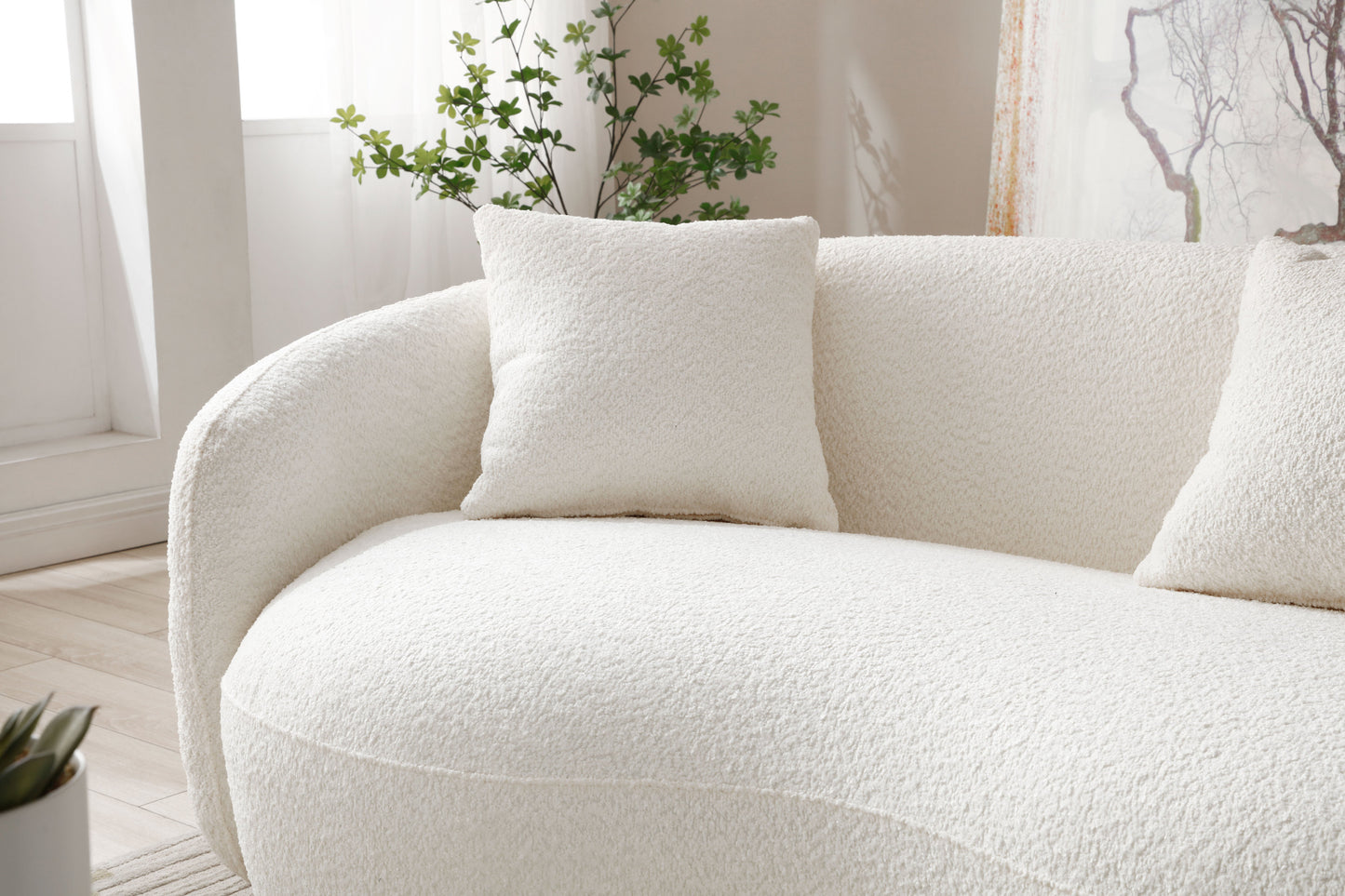 Mid Century Modern Curved Living Room Sofa, 4-Seat Boucle Fabric Couch for Bedroom, Office, Apartment, off white(beige and white)