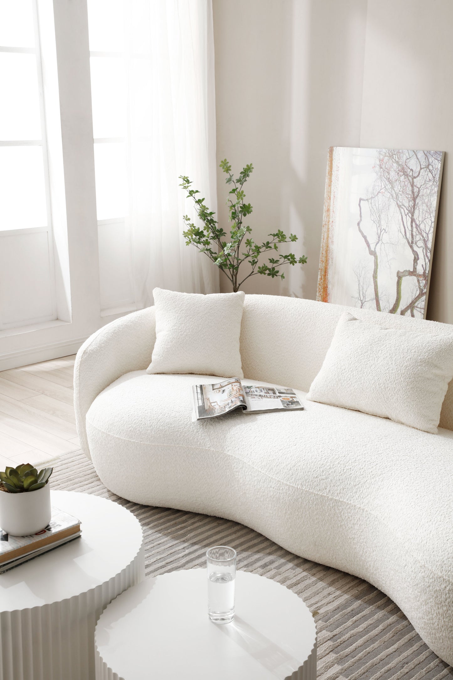 Mid Century Modern Curved Living Room Sofa, 4-Seat Boucle Fabric Couch for Bedroom, Office, Apartment, off white(beige and white)