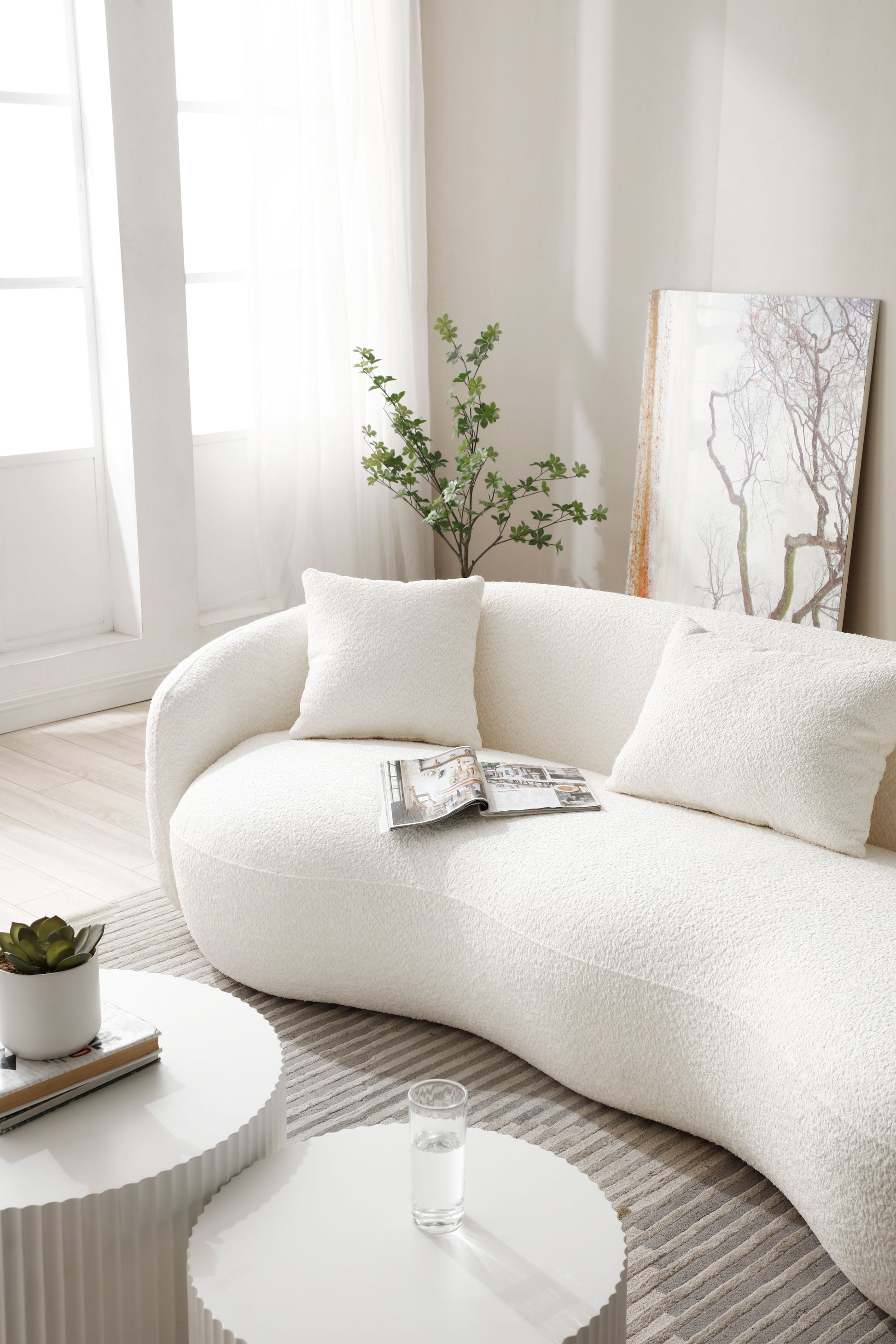 Mid Century Modern Curved Living Room Sofa, 4-Seat Boucle Fabric Couch for Bedroom, Office, Apartment, off white(beige and white)