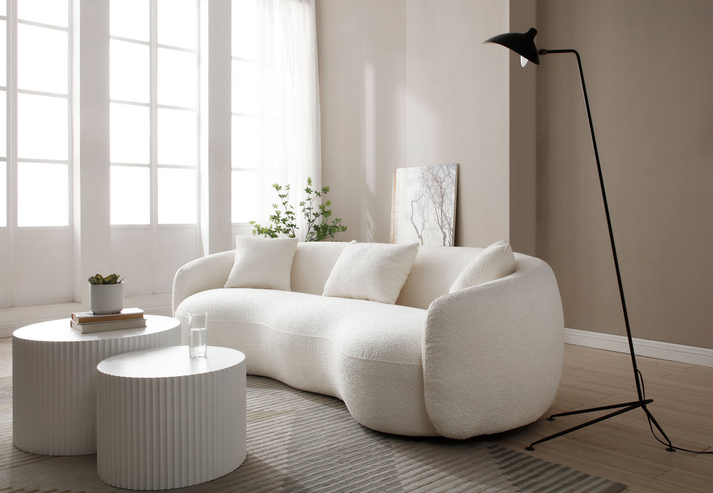 Mid Century Modern Curved Living Room Sofa, 4-Seat Boucle Fabric Couch for Bedroom, Office, Apartment, off white(beige and white)