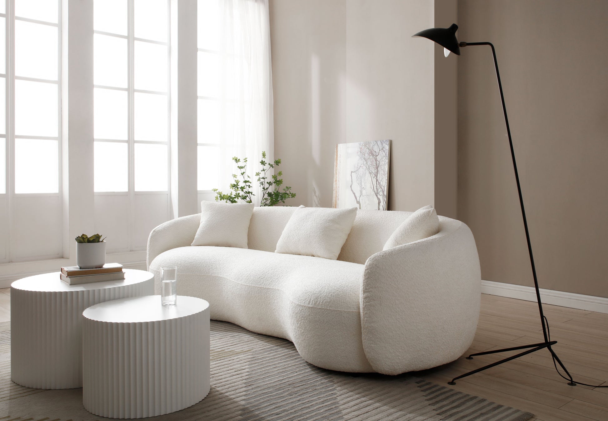 Mid Century Modern Curved Living Room Sofa, 4-Seat Boucle Fabric Couch for Bedroom, Office, Apartment, off white(beige and white)