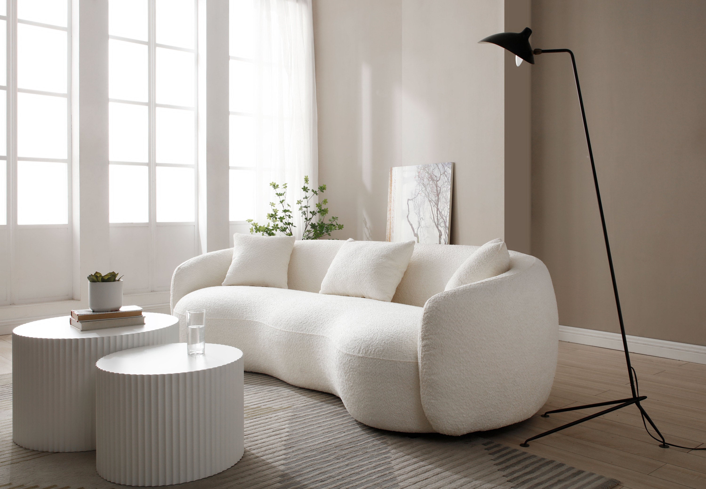 Mid Century Modern Curved Living Room Sofa, 4-Seat Boucle Fabric Couch for Bedroom, Office, Apartment, off white(beige and white)