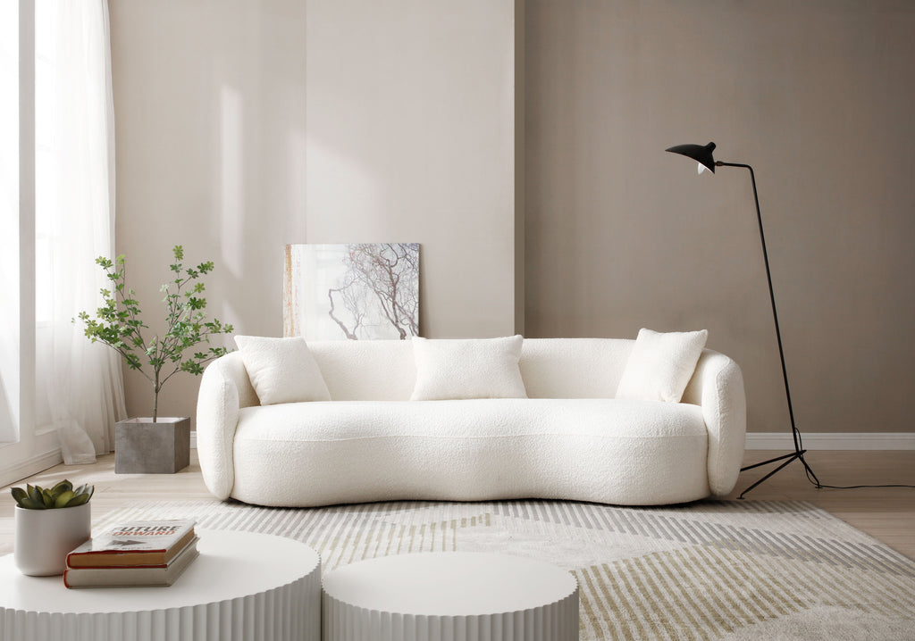 Mid Century Modern Curved Living Room Sofa, 4-Seat Boucle Fabric Couch for Bedroom, Office, Apartment, off white(beige and white)