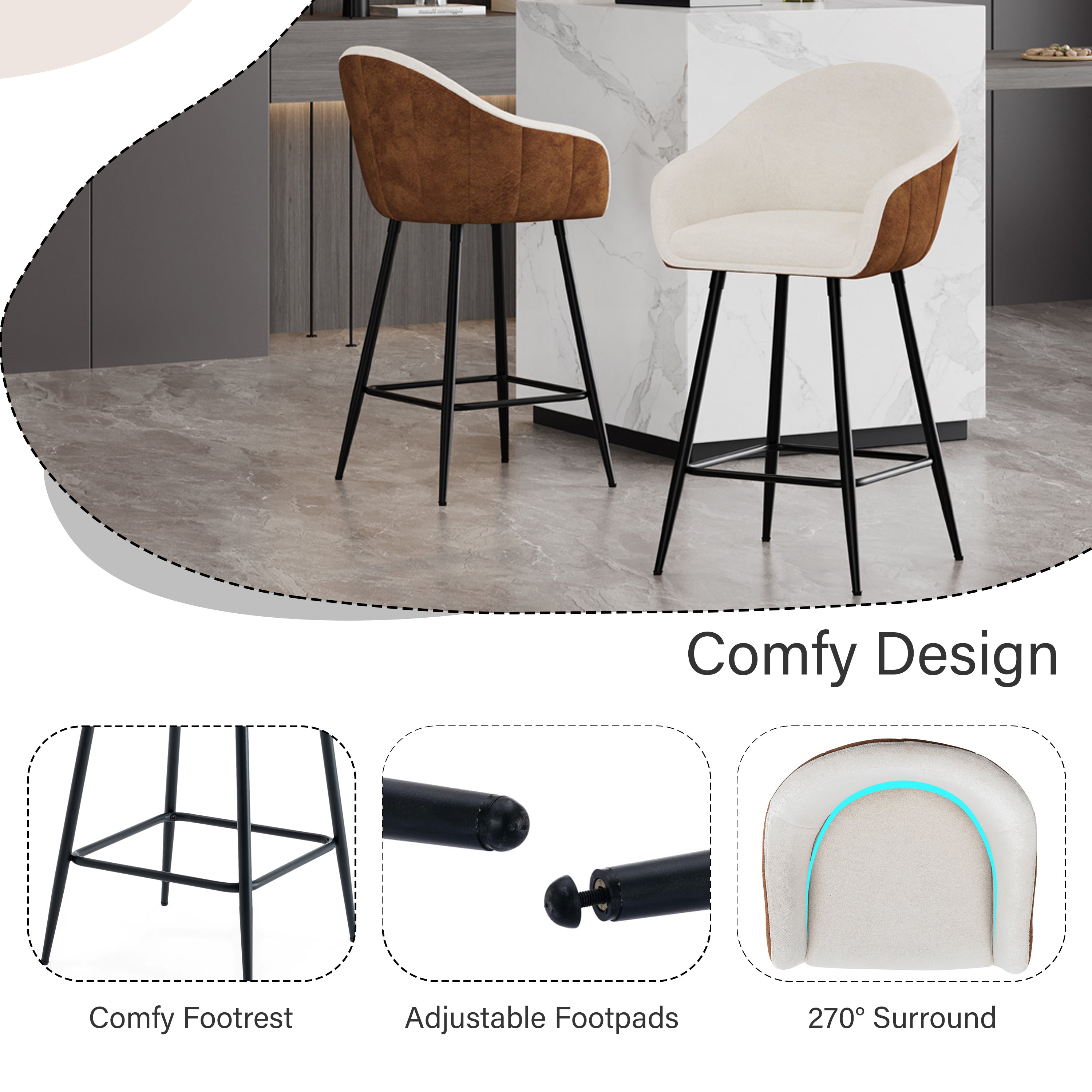 26.5'' Modern - Style counter height bar stools, with comfortable upholstery,durable metal legs ensure stability, enhance the decor of your kitchen or dining area.--Brown