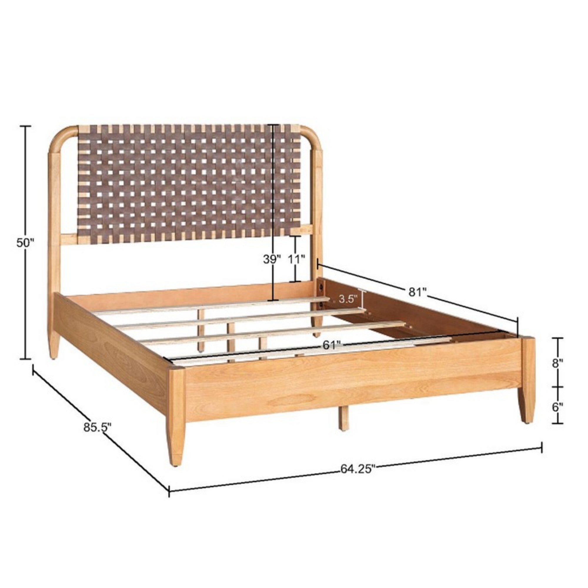 Mid-Century Modern Woven Faux Leather Queen Bed with Caramel Maple Wood Finish Bed Frame