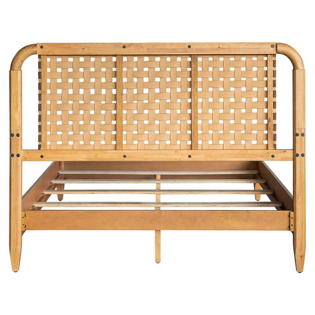 Mid-Century Modern Woven Faux Leather Queen Bed with Caramel Maple Wood Finish Bed Frame