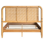 Mid-Century Modern Woven Faux Leather Queen Bed with Caramel Maple Wood Finish Bed Frame