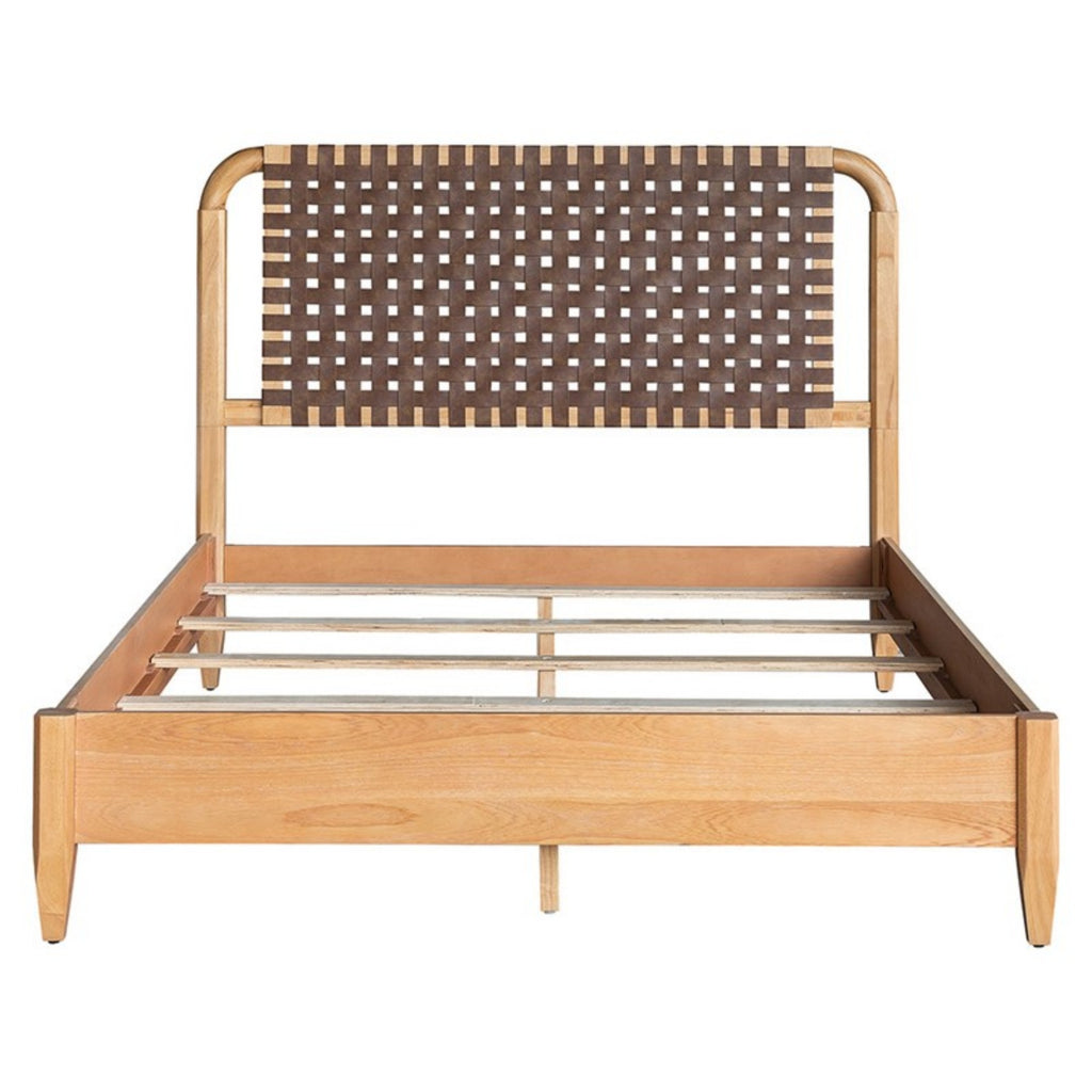 Mid-Century Modern Woven Faux Leather Queen Bed with Caramel Maple Wood Finish Bed Frame