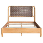 Mid-Century Modern Woven Faux Leather Queen Bed with Caramel Maple Wood Finish Bed Frame