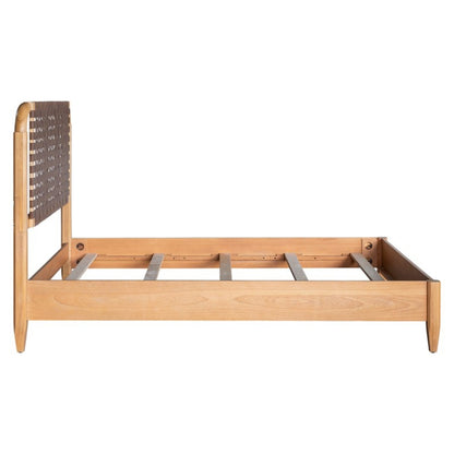 Mid-Century Modern Woven Faux Leather Queen Bed with Caramel Maple Wood Finish Bed Frame