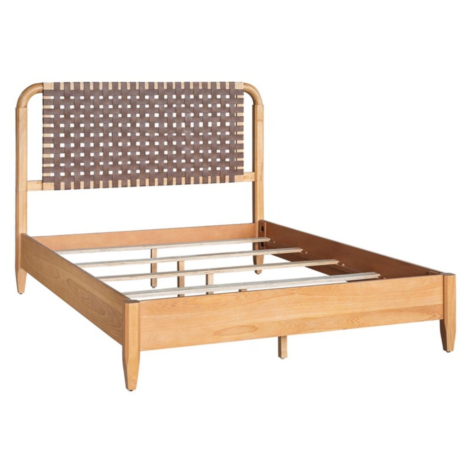 Mid-Century Modern Woven Faux Leather Queen Bed with Caramel Maple Wood Finish Bed Frame