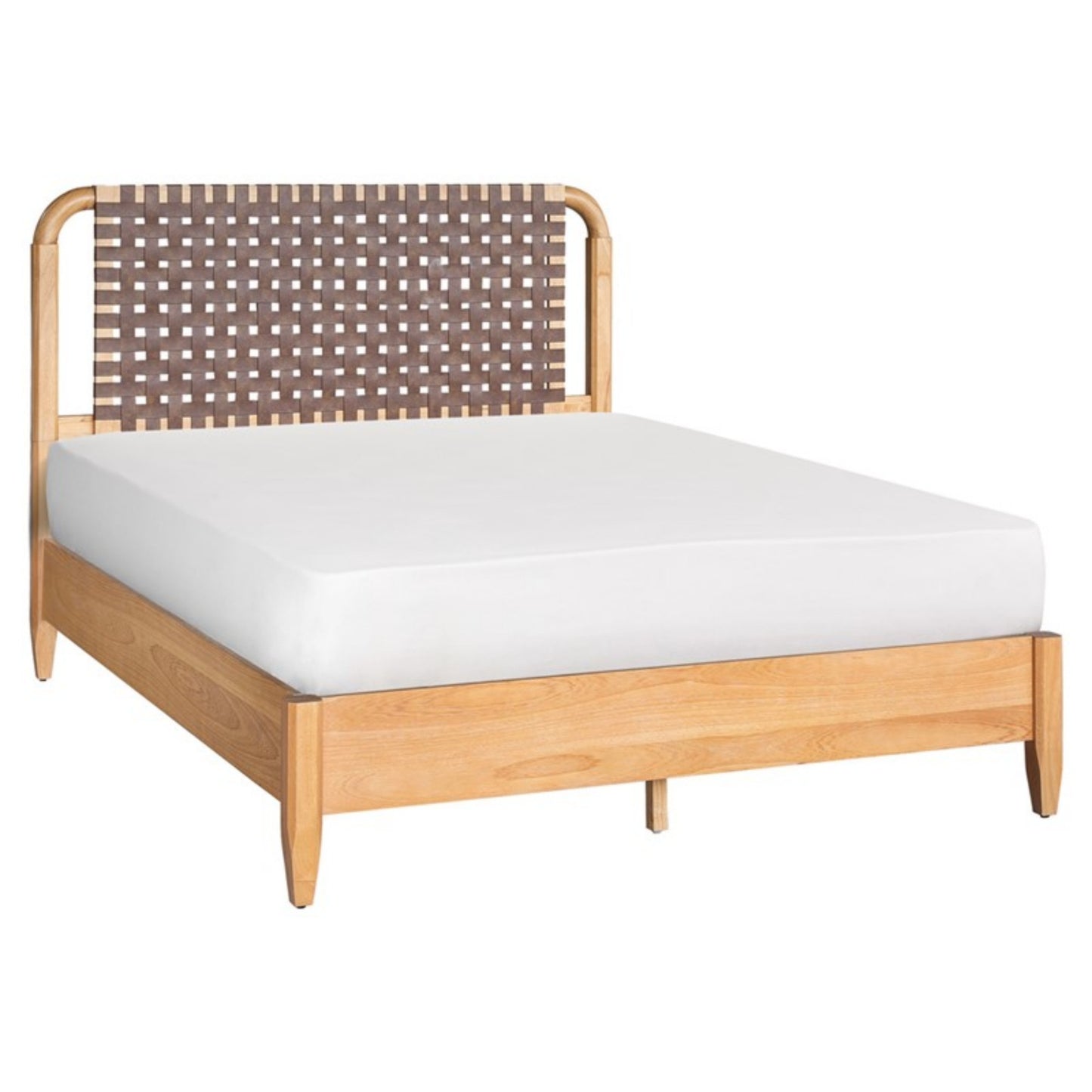Mid-Century Modern Woven Faux Leather Queen Bed with Caramel Maple Wood Finish Bed Frame