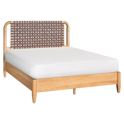 Mid-Century Modern Woven Faux Leather Queen Bed with Caramel Maple Wood Finish Bed Frame