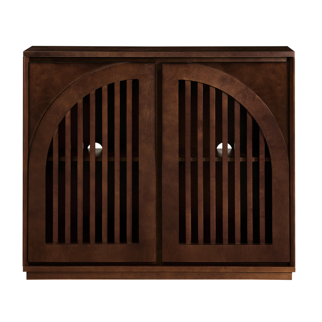 Mid Century Modern Fluted Sideboard Cabinet with 2 Outlet Holes, Buffet Cabinet with Storage, Narrow Side Cabinet for Living Room Entryway Hallway Kitchen Coffee Bar, Dark Walnut