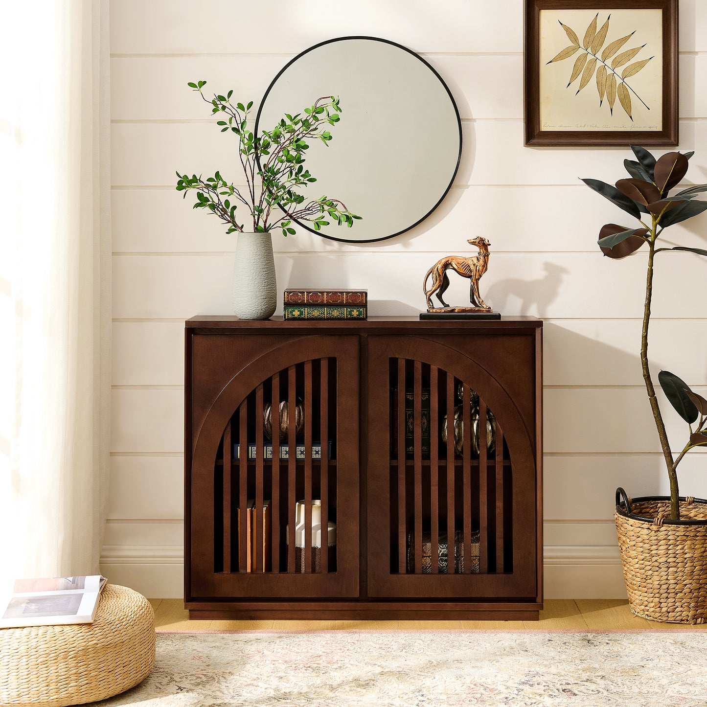 Mid Century Modern Fluted Sideboard Cabinet with 2 Outlet Holes, Buffet Cabinet with Storage, Narrow Side Cabinet for Living Room Entryway Hallway Kitchen Coffee Bar, Dark Walnut