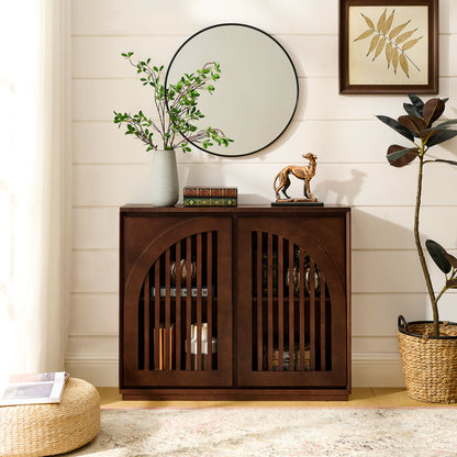 Mid Century Modern Fluted Sideboard Cabinet with 2 Outlet Holes, Buffet Cabinet with Storage, Narrow Side Cabinet for Living Room Entryway Hallway Kitchen Coffee Bar, Dark Walnut