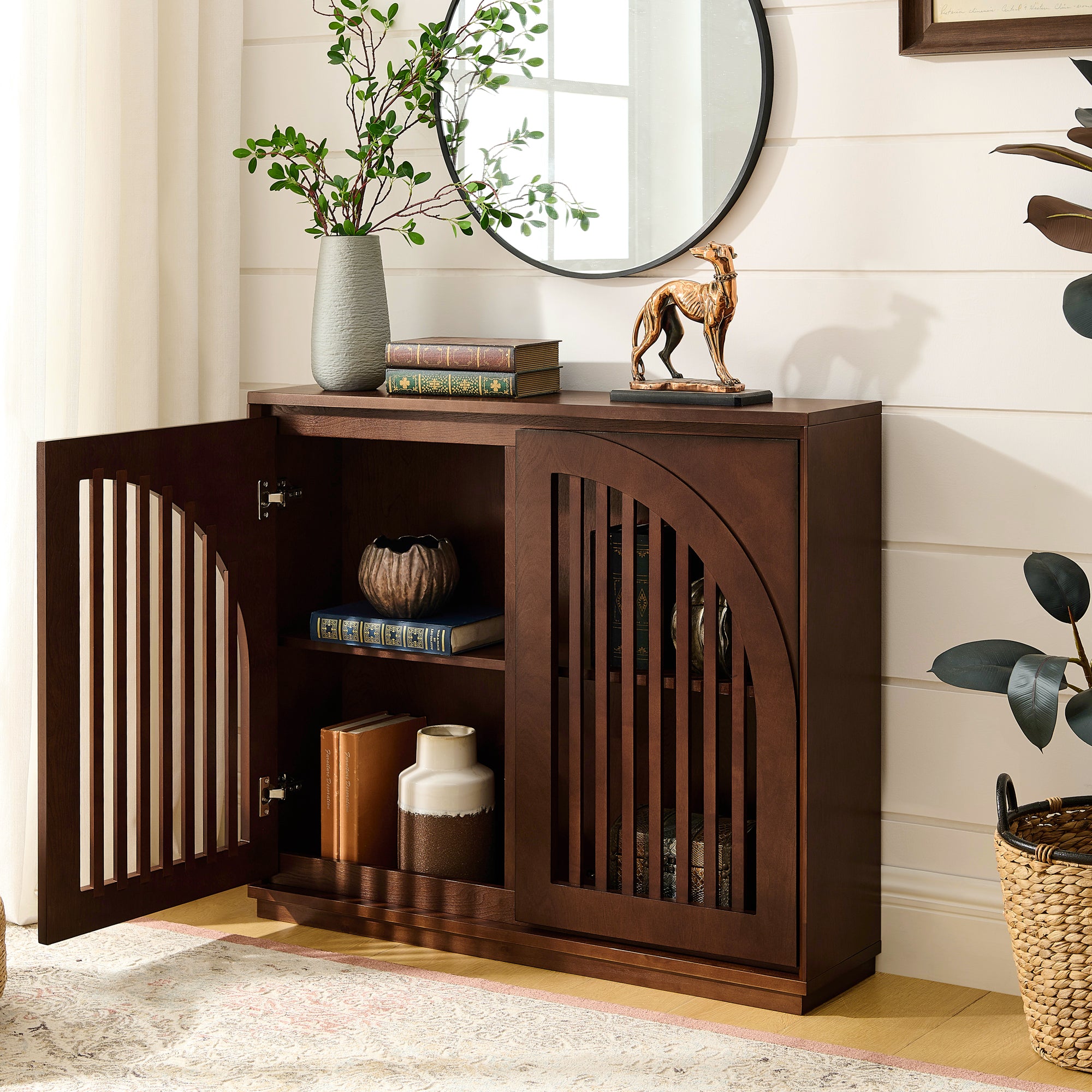 Mid Century Modern Fluted Sideboard Cabinet with 2 Outlet Holes, Buffet Cabinet with Storage, Narrow Side Cabinet for Living Room Entryway Hallway Kitchen Coffee Bar, Dark Walnut